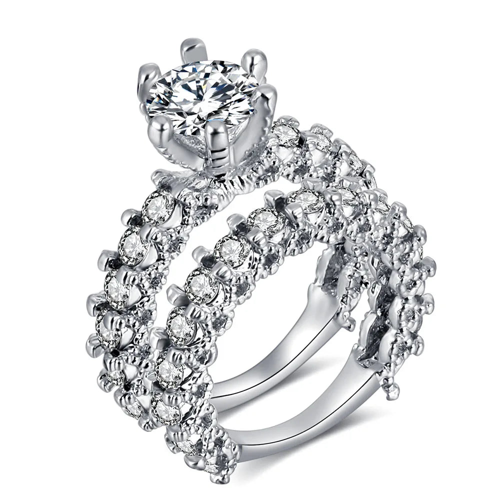 Elegant Silver Zircon Engagement Wedding Ring Set