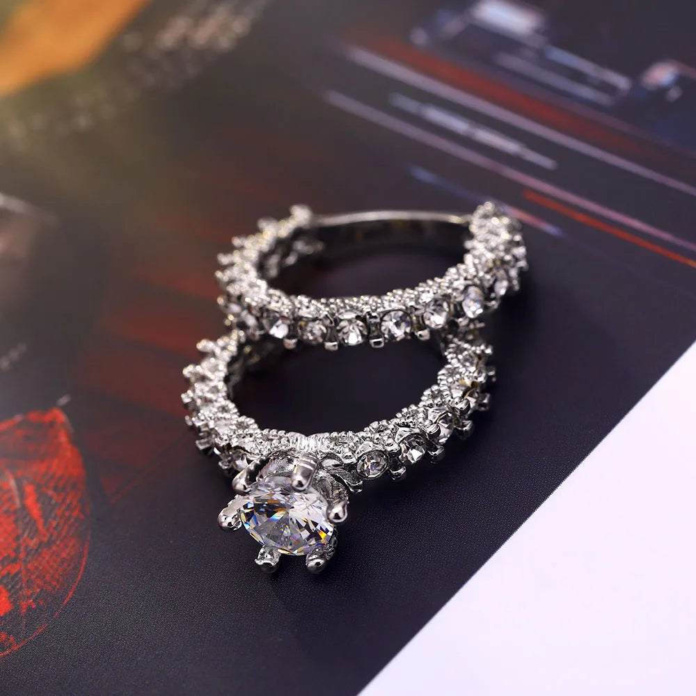 Elegant Silver Zircon Engagement Wedding Ring Set