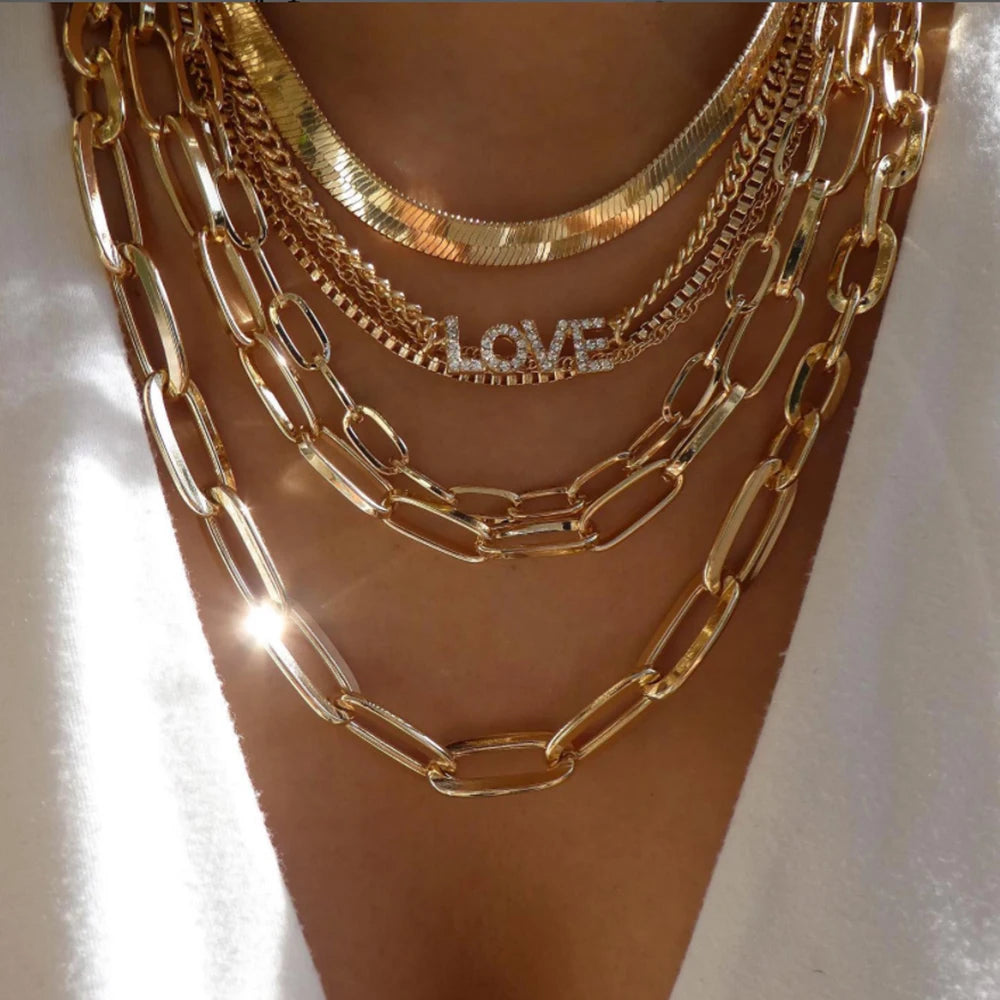 Vintage Gold Multi-Layer Crystal Necklace Set – Boho Trendy Jewelry for Women