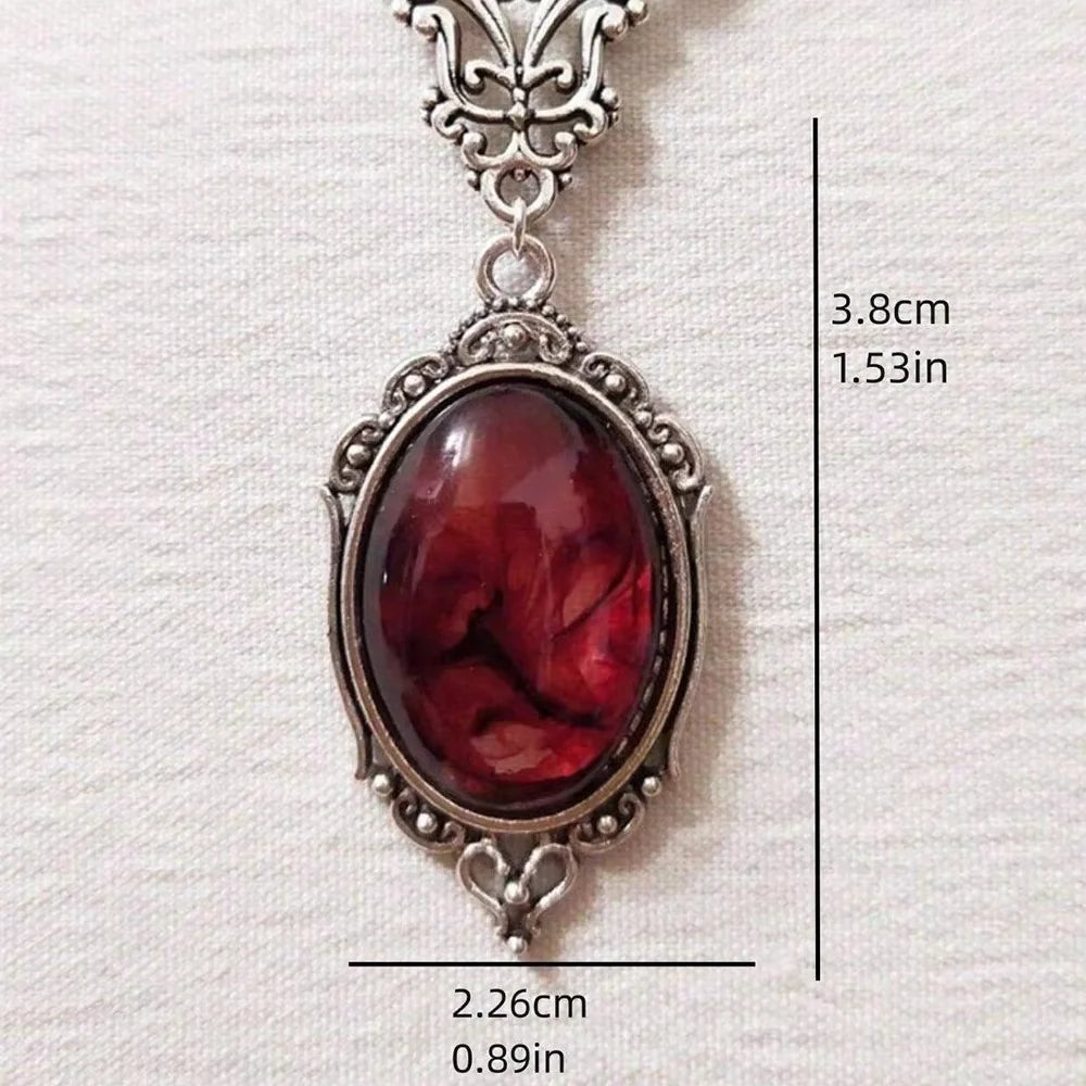 Vintage Red Stone Pendant Necklace – Bohemian Hollow Oval Jewelry for Women