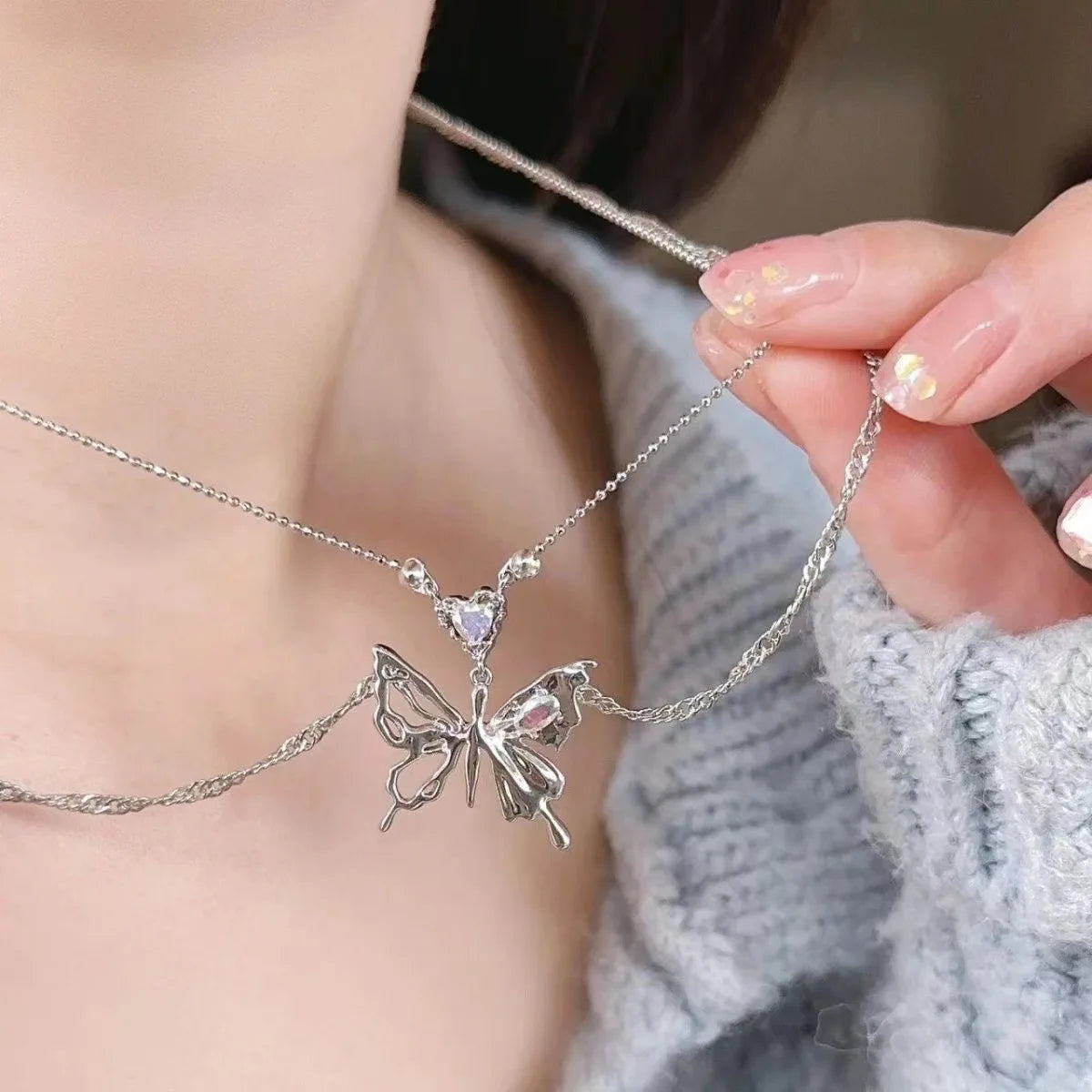 Y2K Crystal Butterfly Pendant Necklace for Women