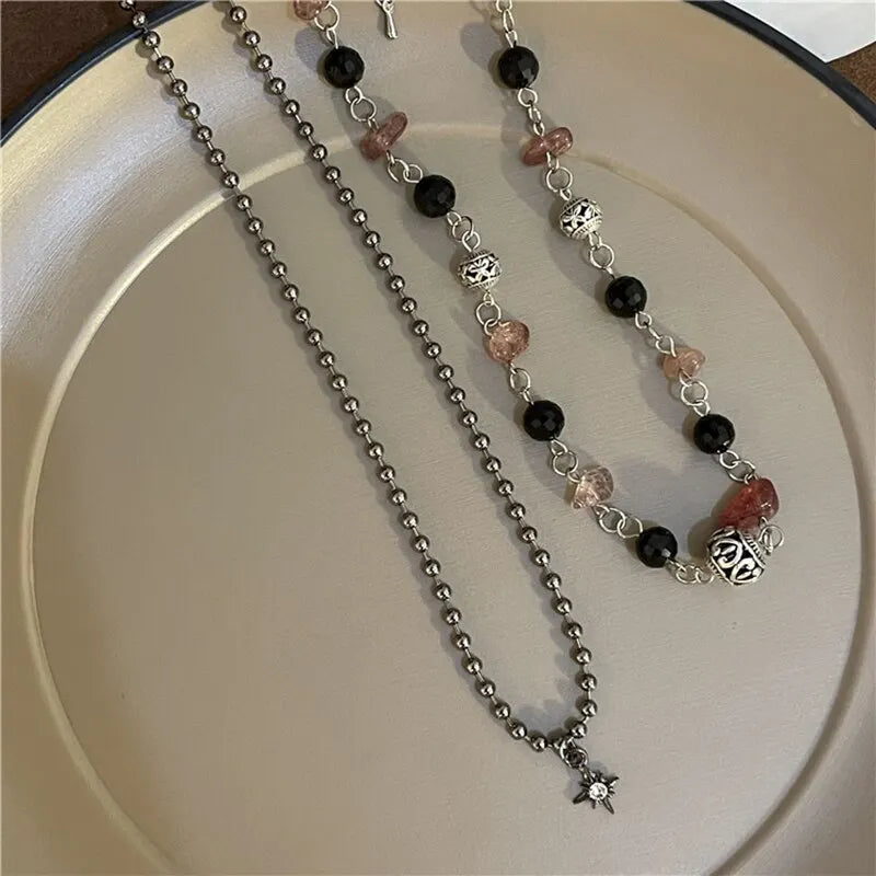 2Pcs Vintage Peace Pendant Necklace Set – Natural Stone Beaded Choker for Women & Men