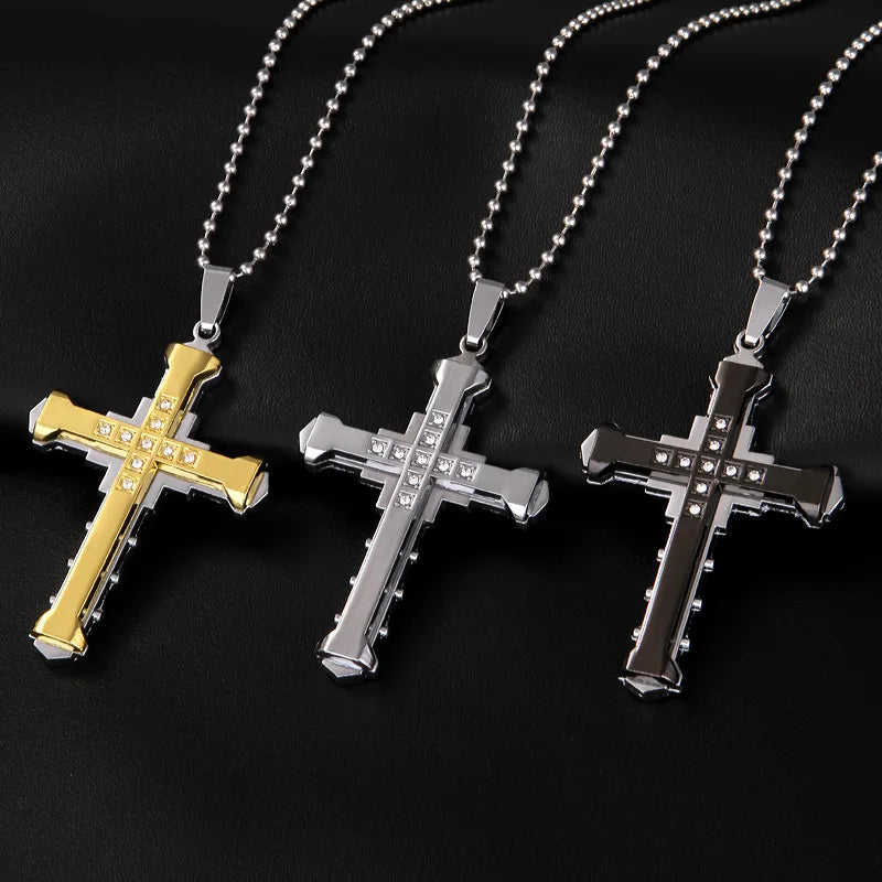 Dark Knight Three-Layer Men’s Necklace – Diamond-Studded Cross Pendant Jewelry