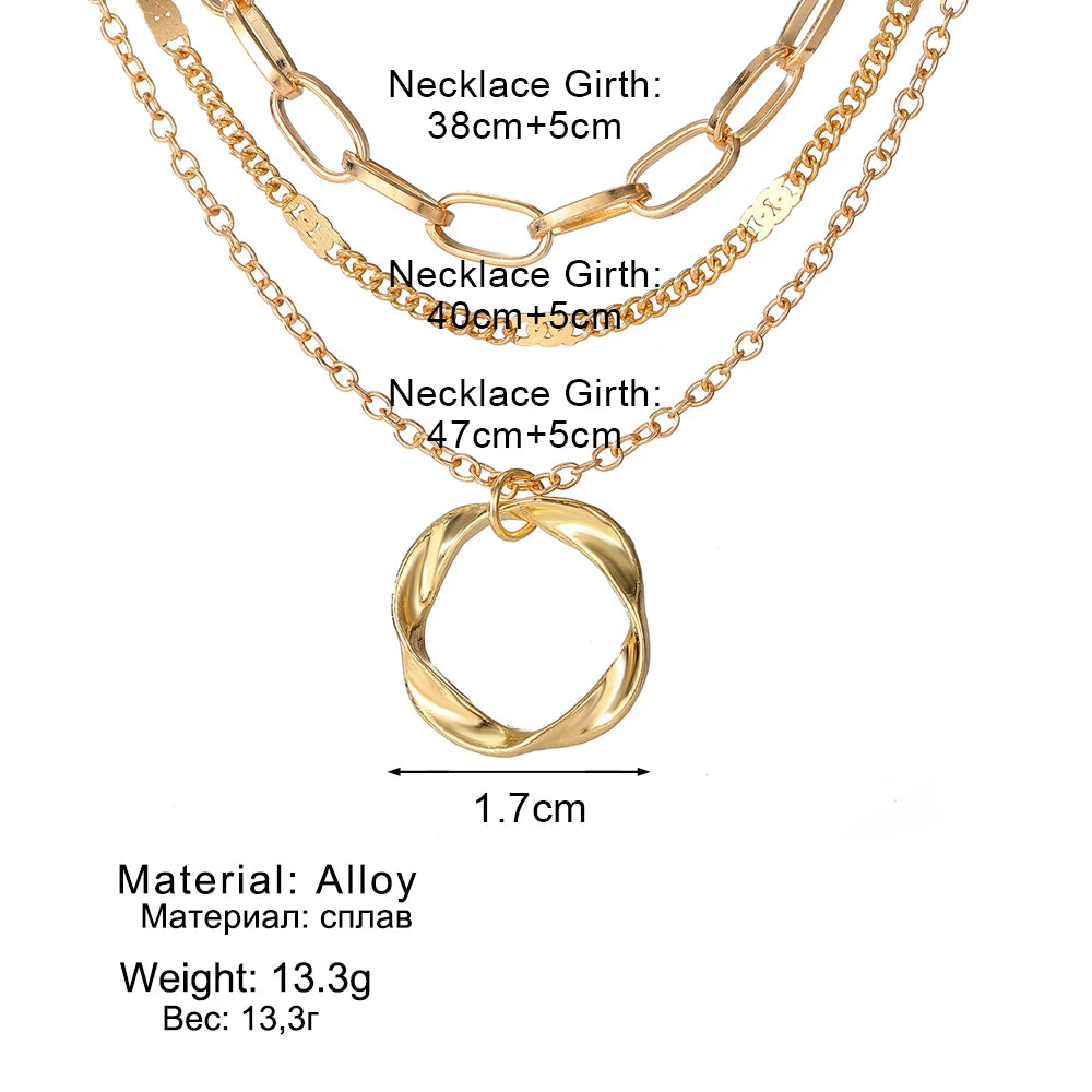IPARAM Multi-Layered Gold Chain Necklace – Vintage Circle Pendant Jewelry for Women