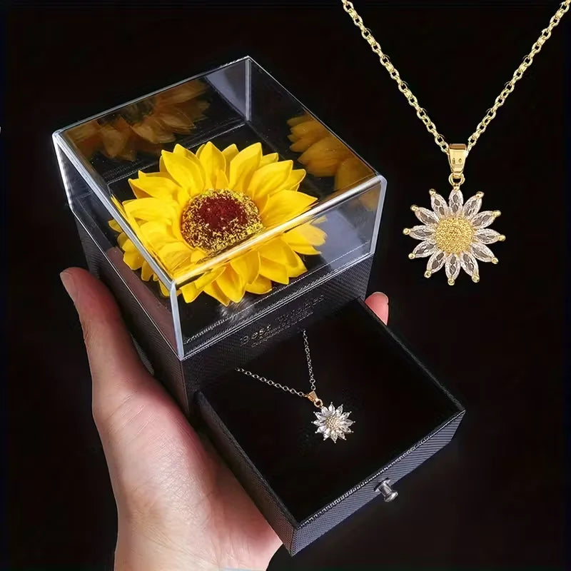 Dainty Stainless Steel Daisy Sunflower Necklace – Zircon Pendant with Gift Box for Women & Girls