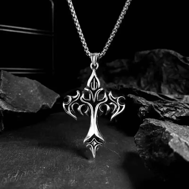 Retro Flame Cross Pendant Necklace – Punk Gothic Long Chain Jewelry for Men & Women