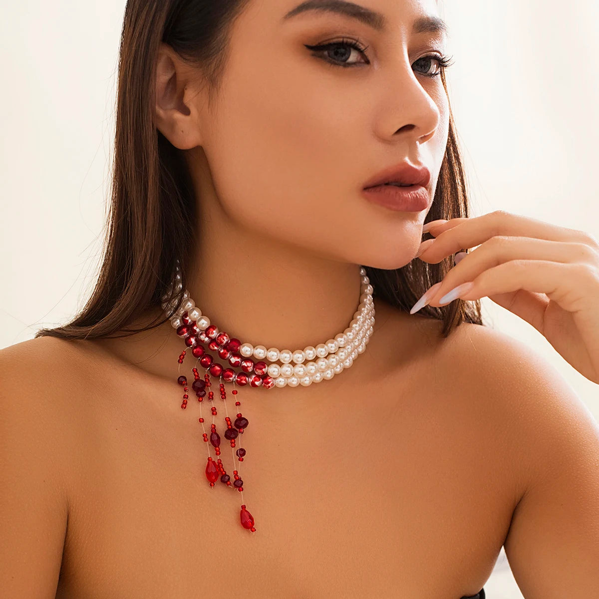 Vintage Red Blood Pearl Tassel Necklace for Women