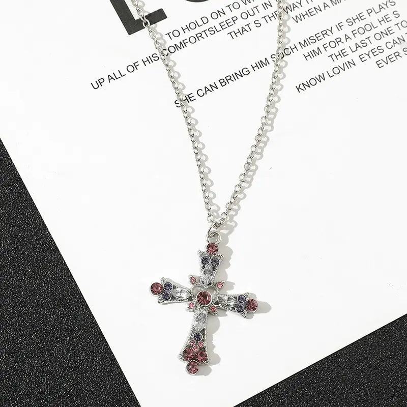 Trendy Pink Crystal Zircon Cross Necklace – Sparkling Pendant Jewelry for Women & Girls
