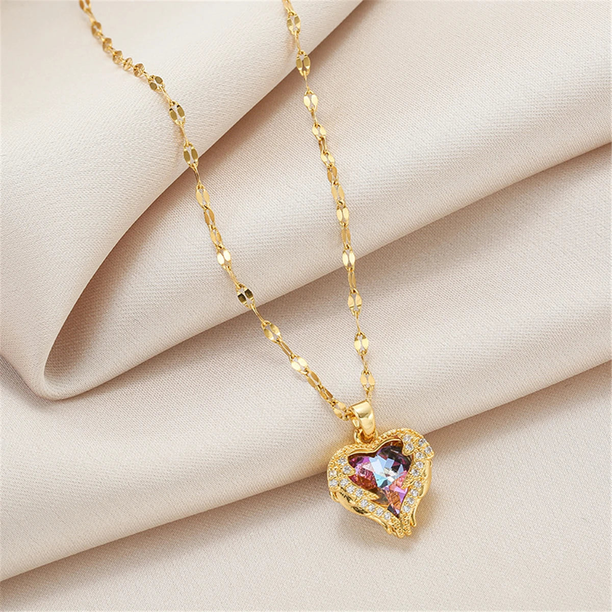 Luxury Colorful Crystal Ocean Heart Necklace – 316L Stainless Steel Pendant Jewelry for Women