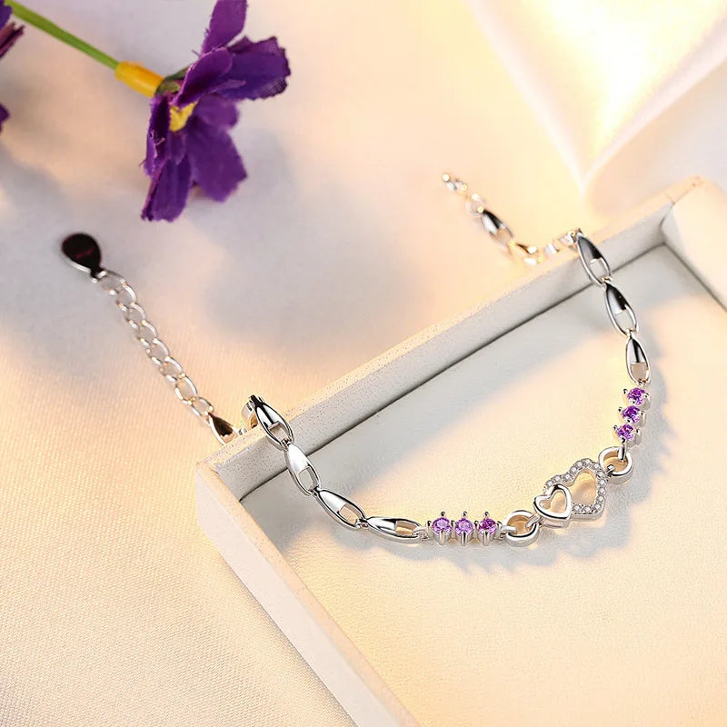 925 Sterling Silver Heart Bracelet – Purple Crystal Zircon Jewelry for Women