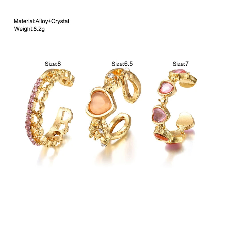 3pcs Heart Rhinestone Ring Set for Women