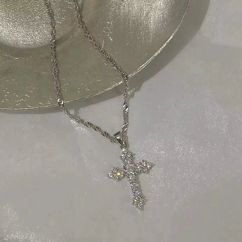 Shiny Crystal Zircon Cross Necklace – Punk Silver Pendant Jewelry for Women & Girls