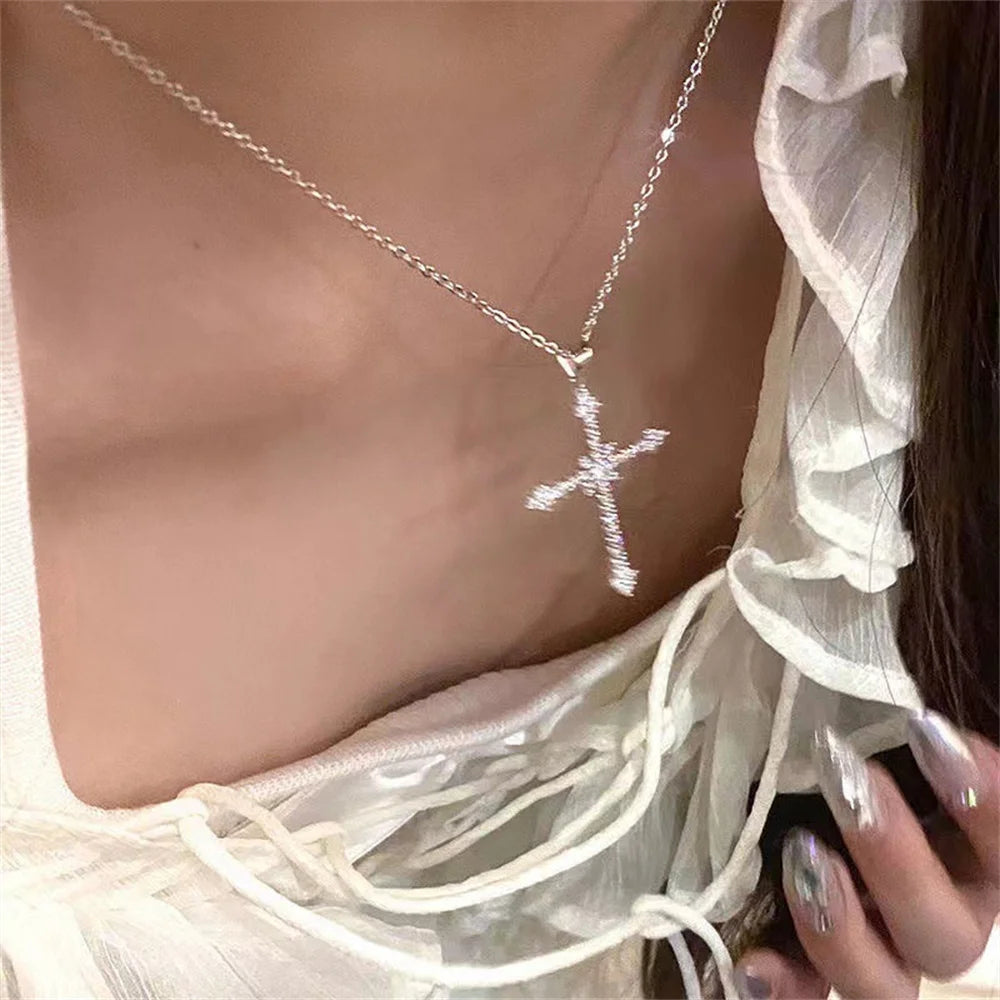 Elegant Crystal Cross Pendant Necklace – Silver Star Jewelry for Women