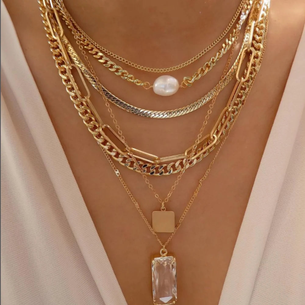Vintage Gold Multi-Layer Crystal Necklace Set – Boho Trendy Jewelry for Women