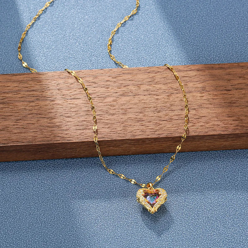 Luxury Colorful Crystal Ocean Heart Necklace – 316L Stainless Steel Pendant Jewelry for Women