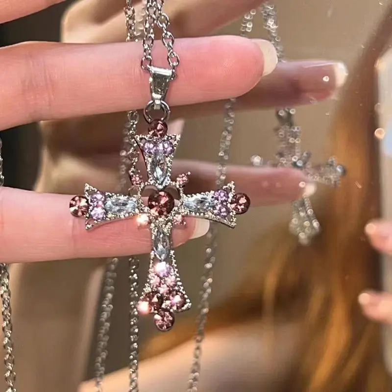 Trendy Pink Crystal Zircon Cross Necklace – Sparkling Pendant Jewelry for Women & Girls