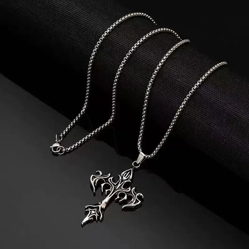 Retro Flame Cross Pendant Necklace – Punk Gothic Long Chain Jewelry for Men & Women