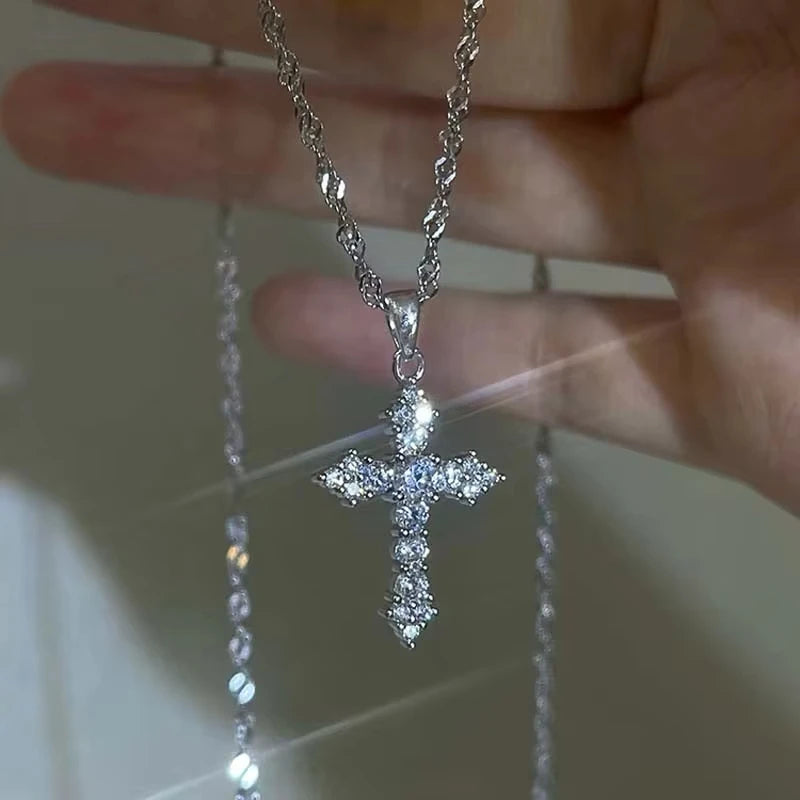 Shiny Crystal Zircon Cross Necklace – Punk Silver Pendant Jewelry for Women & Girls