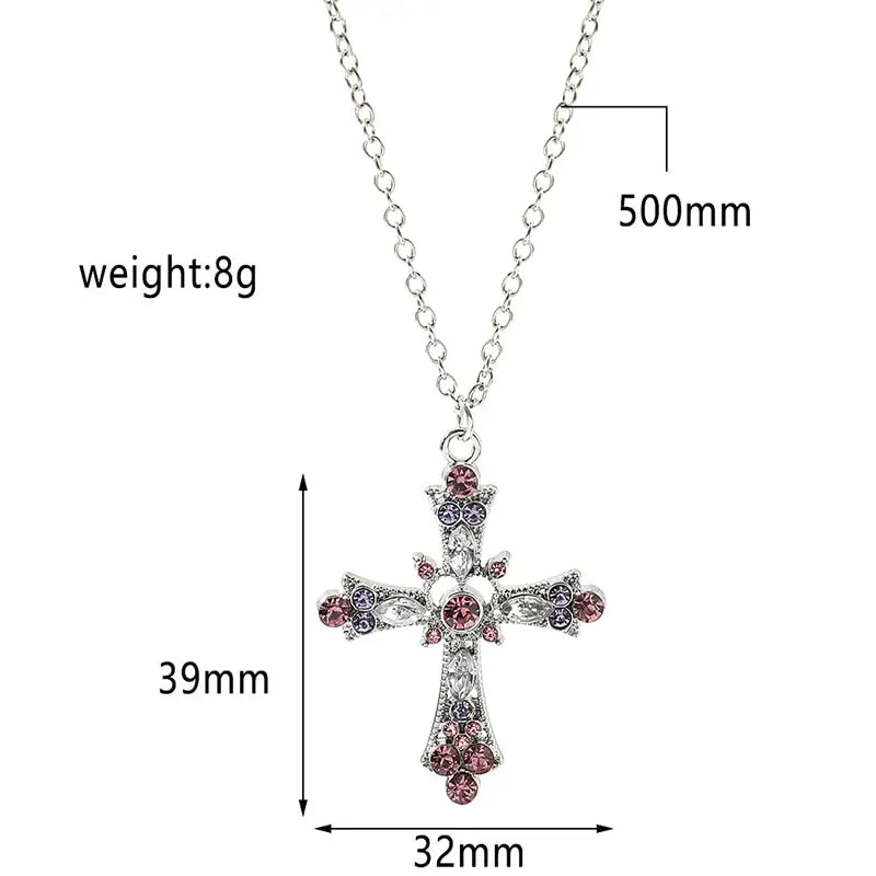 Trendy Pink Crystal Zircon Cross Necklace – Sparkling Pendant Jewelry for Women & Girls