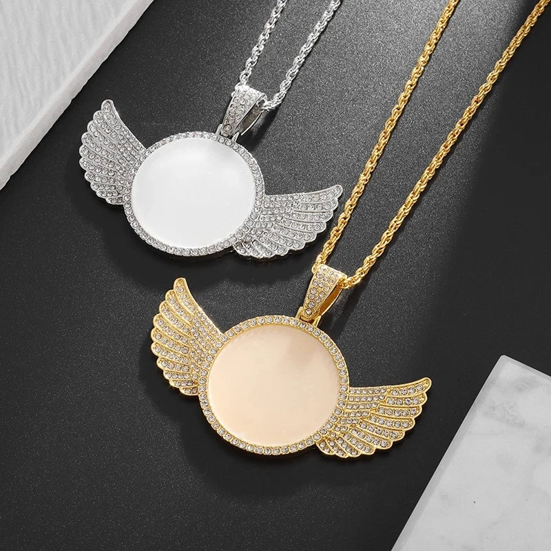 Memory Angel Wings Photo Necklace – Crystal Zirconia Pendant for Couples
