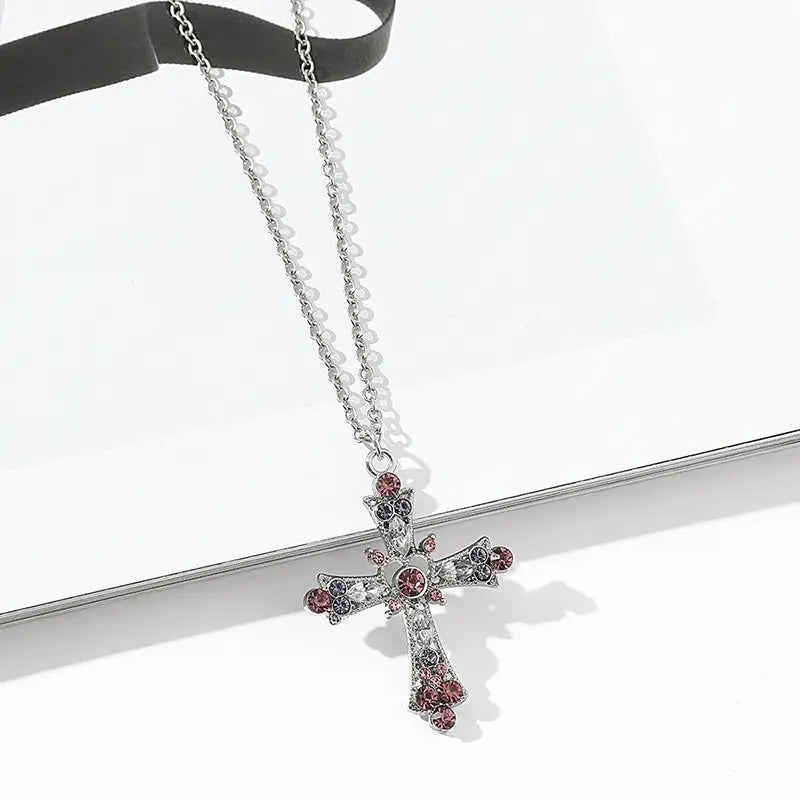 Trendy Pink Crystal Zircon Cross Necklace – Sparkling Pendant Jewelry for Women & Girls