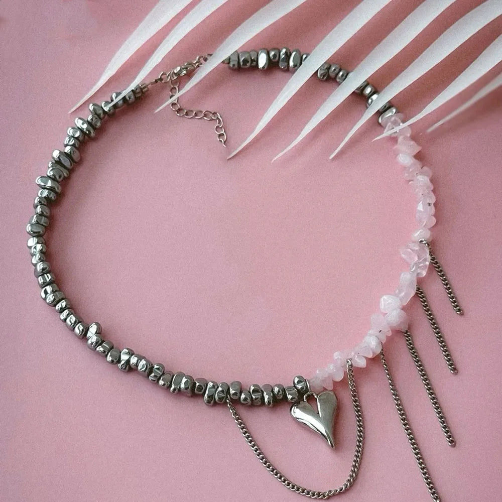 Irregular Pink Stone Heart Pendant Necklace Women