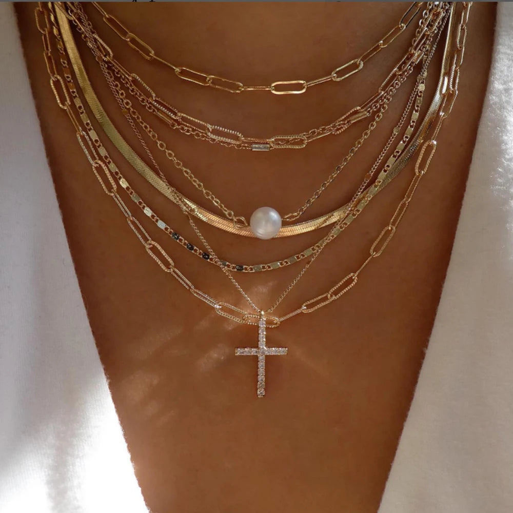 Vintage Gold Multi-Layer Crystal Necklace Set – Boho Trendy Jewelry for Women