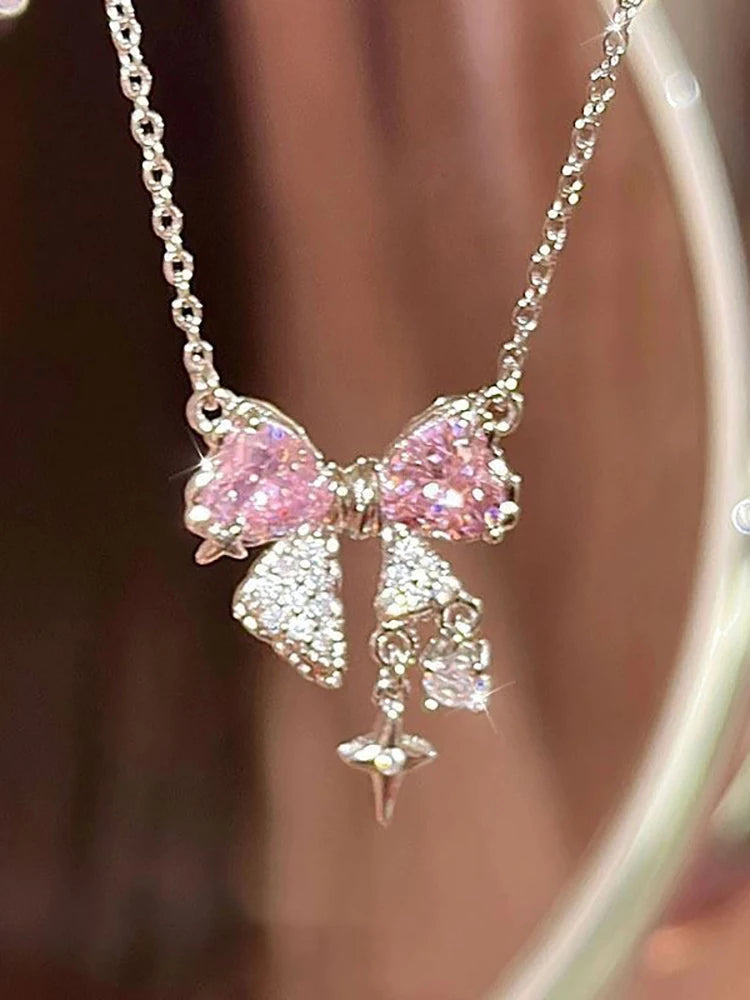 Pink Bow Star Rhinestone Necklace for Women
