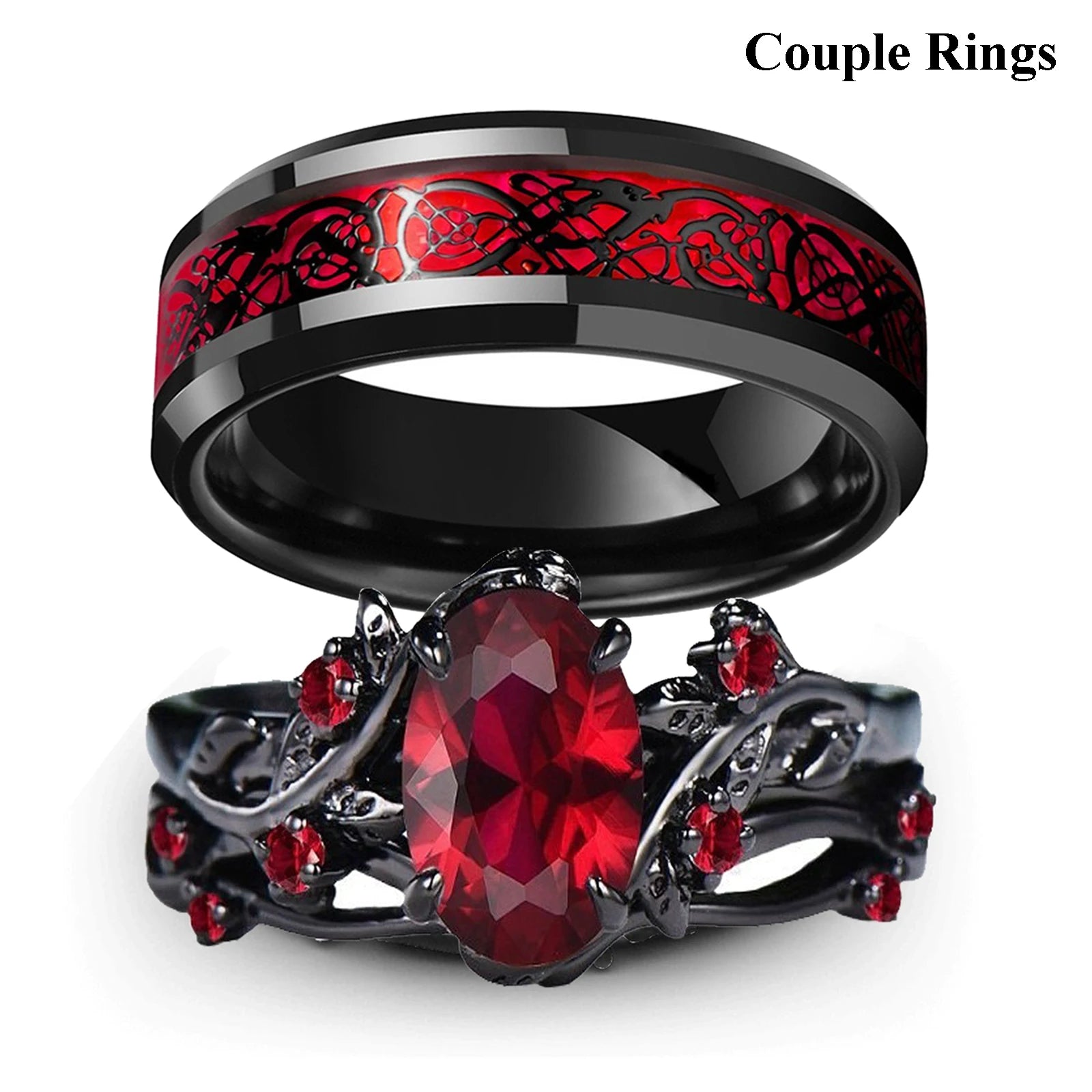 Couple Rings Red Rhinestone Celtic Dragon Stainless