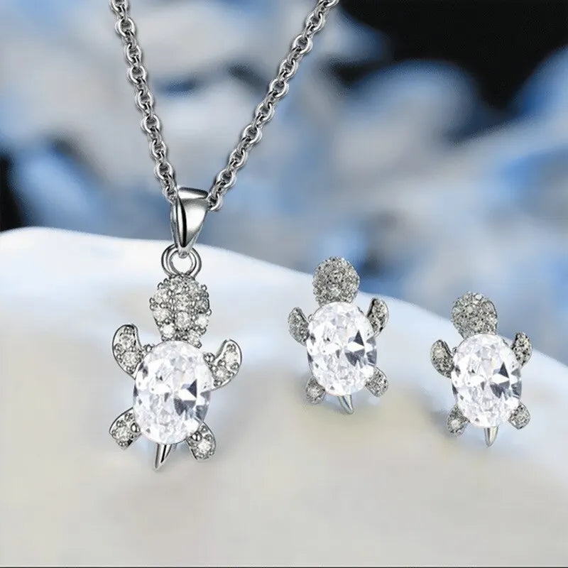 Silver Turtle Necklace & Earrings Set for Women