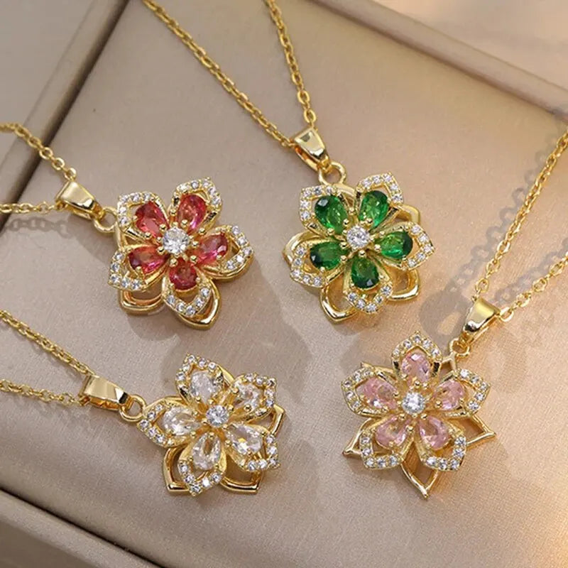 Light Luxury Spin Zircon Flower Pendant Necklace – Gold Chain Jewelry for Women