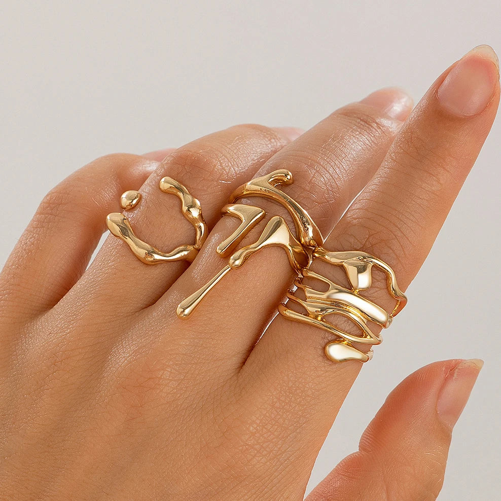 Vintage Lava Open Ring Set – 4PCS Adjustable Gold Couples Jewelry