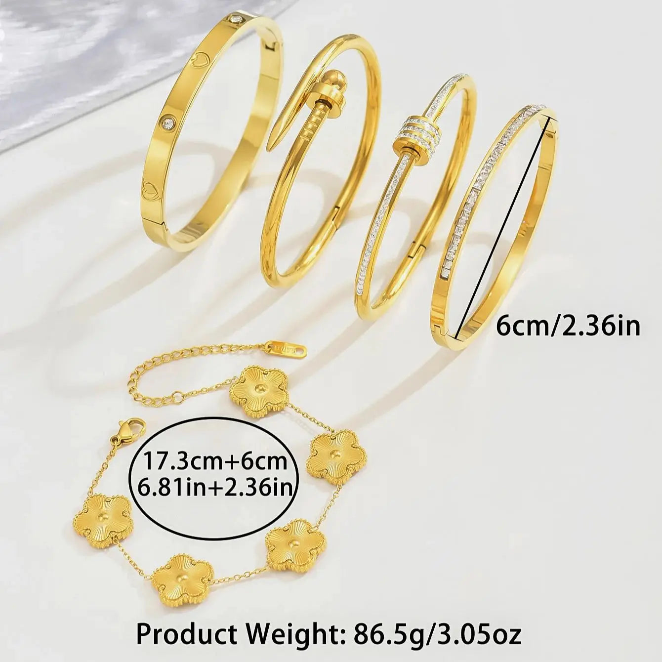 Four-Leaf Clover Lucky Bracelet – Gold Stainless Steel Women’s Bangle
