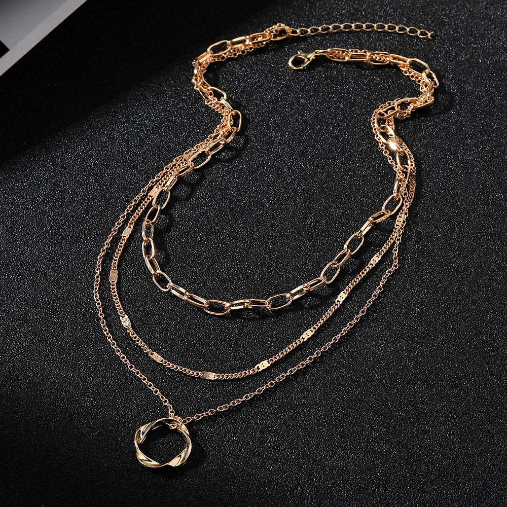 IPARAM Multi-Layered Gold Chain Necklace – Vintage Circle Pendant Jewelry for Women
