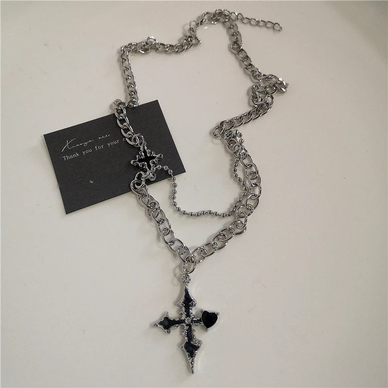 Punk Rock Black Heart Cross Necklace – Y2K Goth Hip Hop Pendant Jewelry