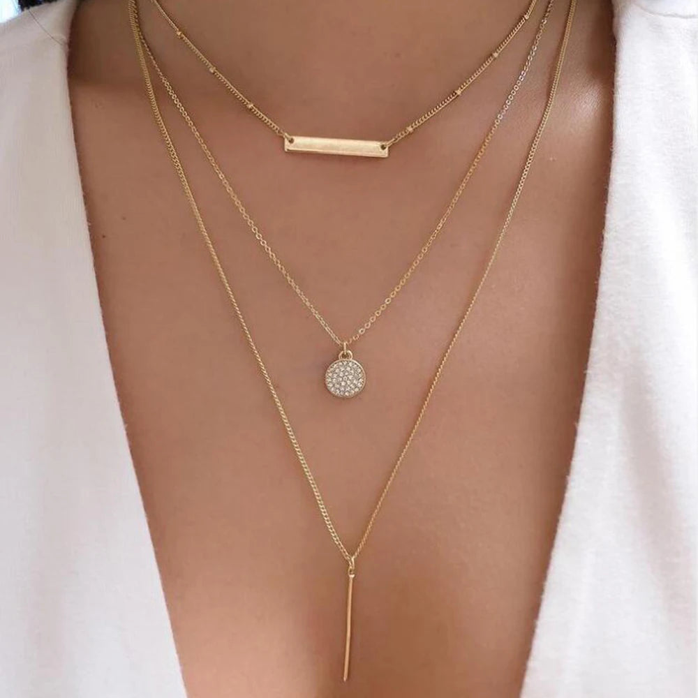 Vintage Gold Multi-Layer Crystal Necklace Set – Boho Trendy Jewelry for Women