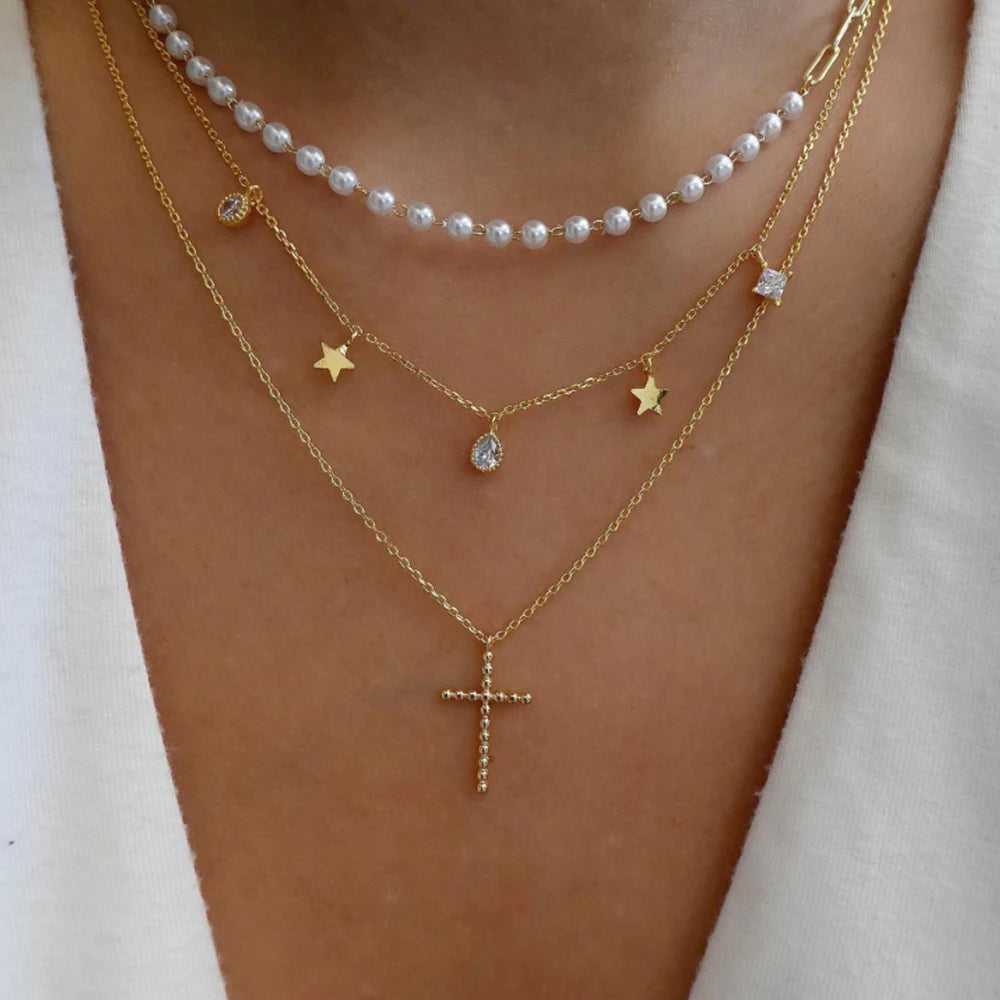 Vintage Gold Multi-Layer Crystal Necklace Set – Boho Trendy Jewelry for Women