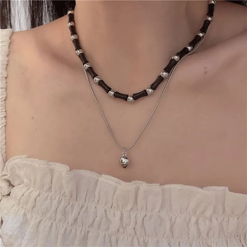 2Pcs Vintage Peace Pendant Necklace Set – Natural Stone Beaded Choker for Women & Men