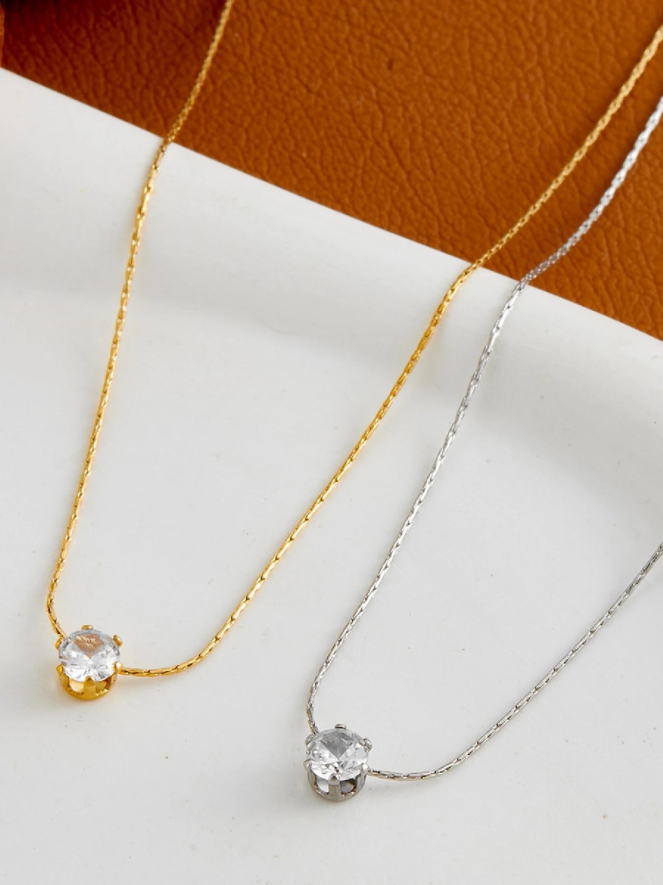 Gold Diamond-Plated Zircon Pendant Necklace – Stainless Steel Jewelry for Women