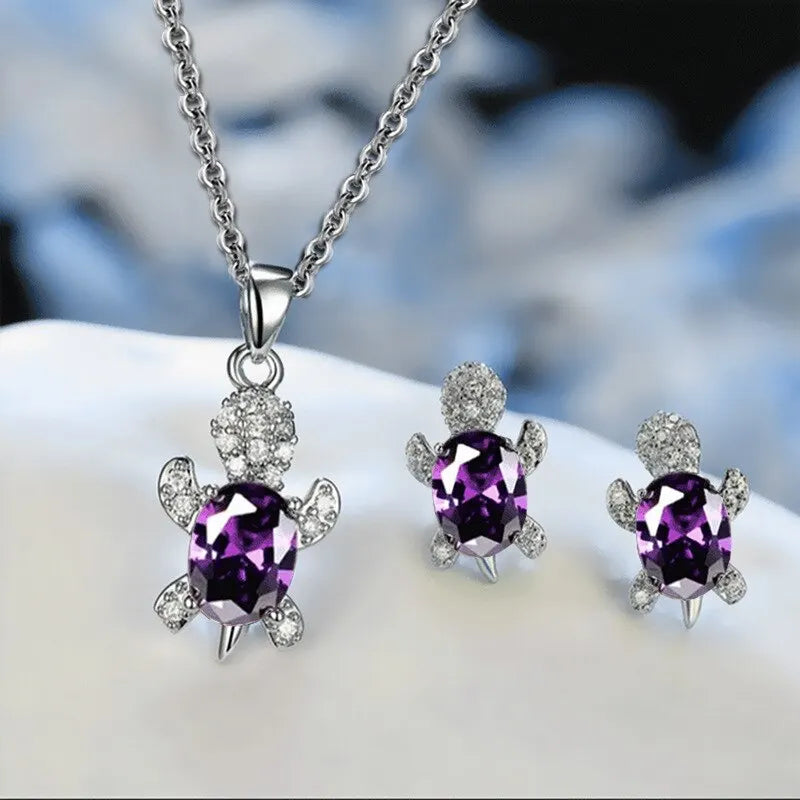 Silver Turtle Necklace & Earrings Set for Women