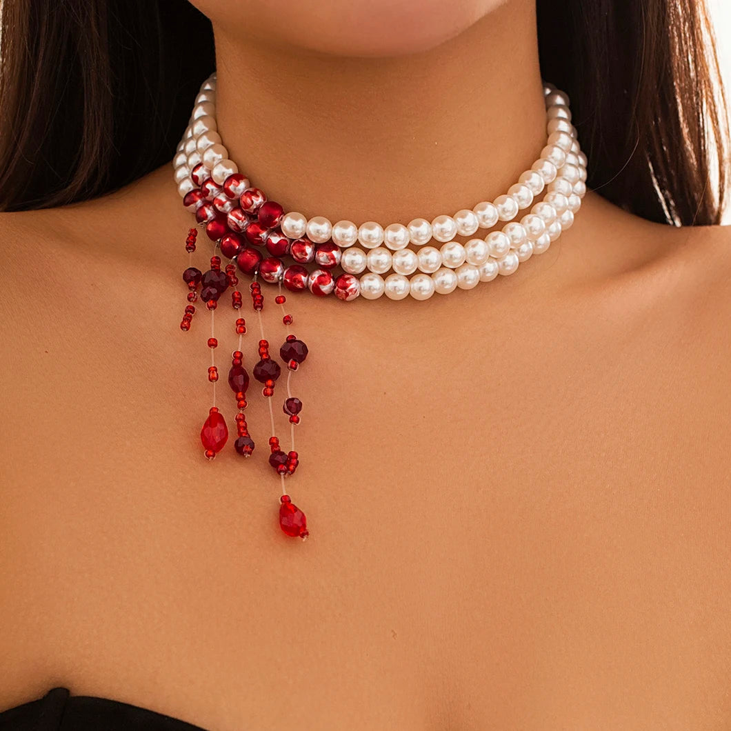 Vintage Red Blood Pearl Tassel Necklace for Women