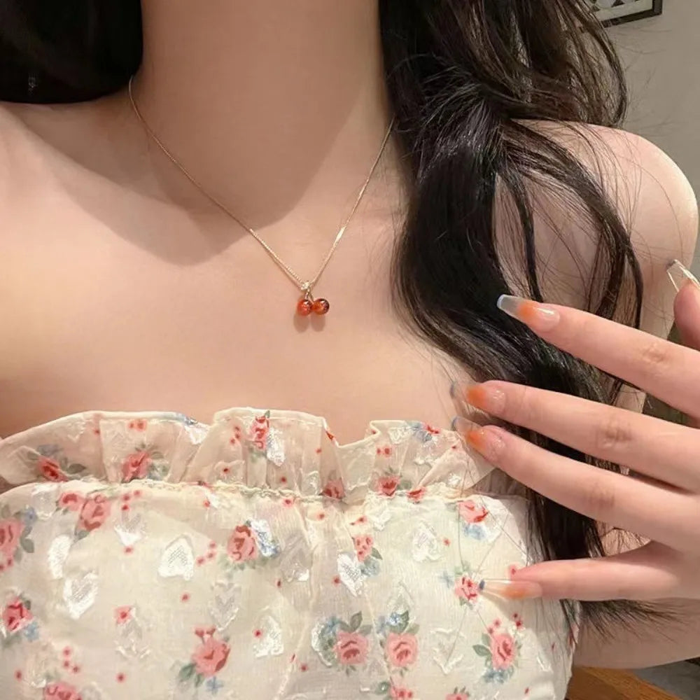 Red Cherry Pendant Necklace – Gold Chain Fruit Jewelry for Women