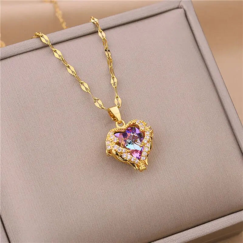 Luxury Colorful Crystal Ocean Heart Necklace – 316L Stainless Steel Pendant Jewelry for Women