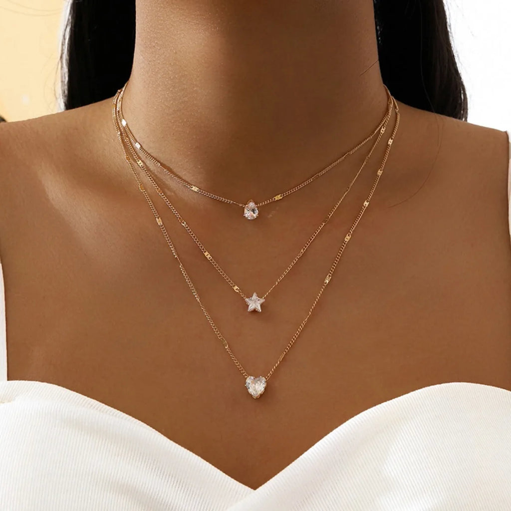 Multi-Layer Star & Heart Water Drop Necklace – Sexy Alloy & Glass Chain for Women