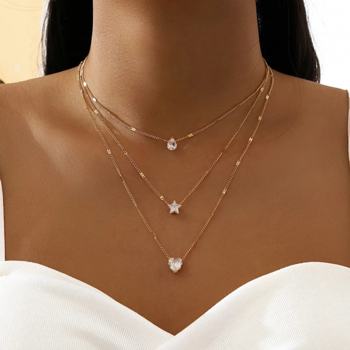 Multi-Layer Star & Heart Water Drop Necklace – Sexy Alloy & Glass Chain for Women