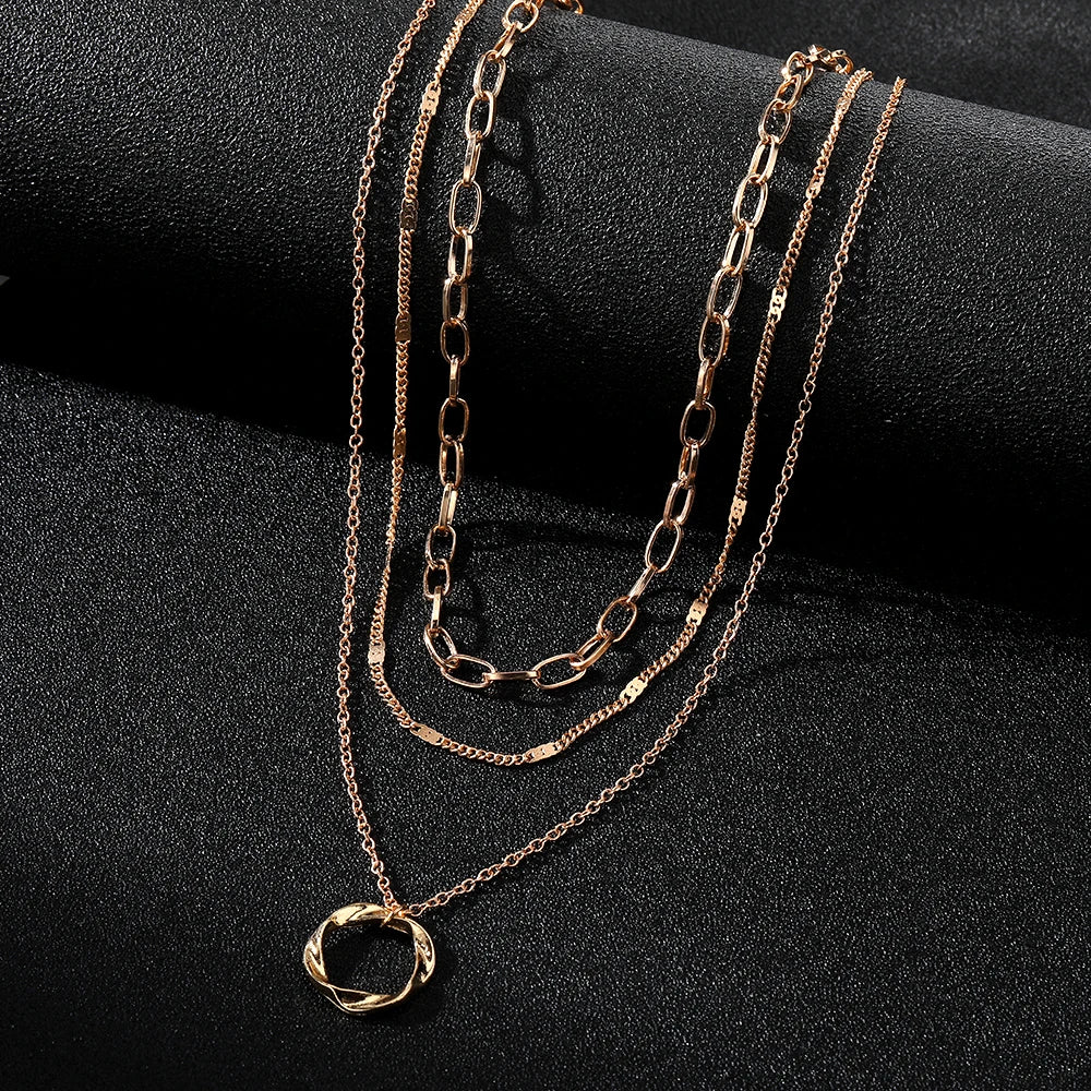 IPARAM Multi-Layered Gold Chain Necklace – Vintage Circle Pendant Jewelry for Women