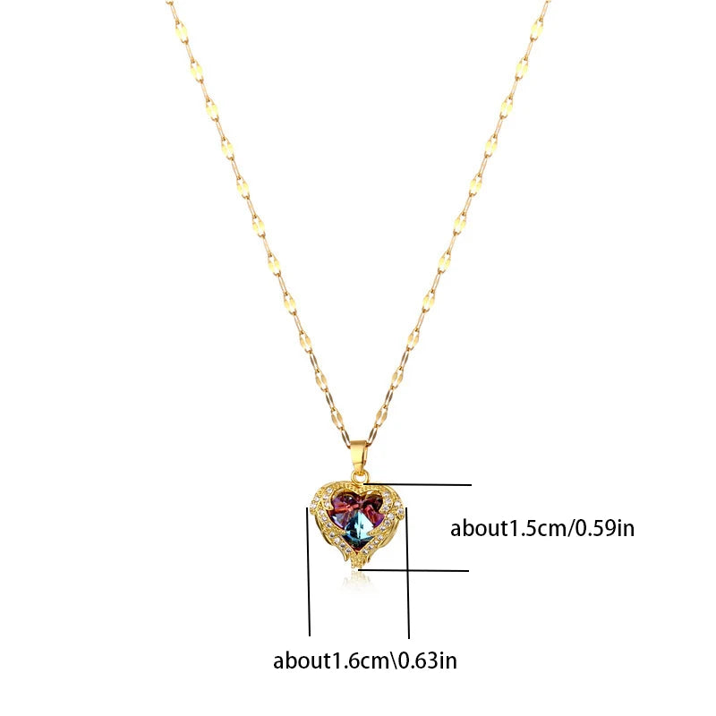 Luxury Colorful Crystal Ocean Heart Necklace – 316L Stainless Steel Pendant Jewelry for Women
