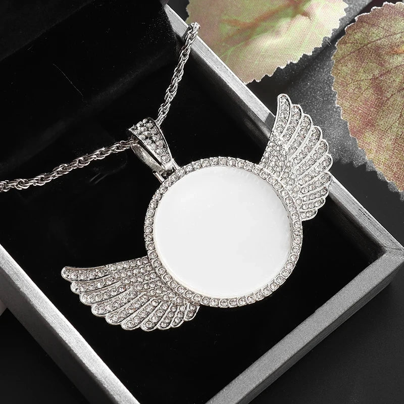 Memory Angel Wings Photo Necklace – Crystal Zirconia Pendant for Couples