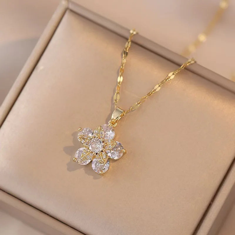 Light Luxury Spin Zircon Flower Pendant Necklace – Gold Chain Jewelry for Women