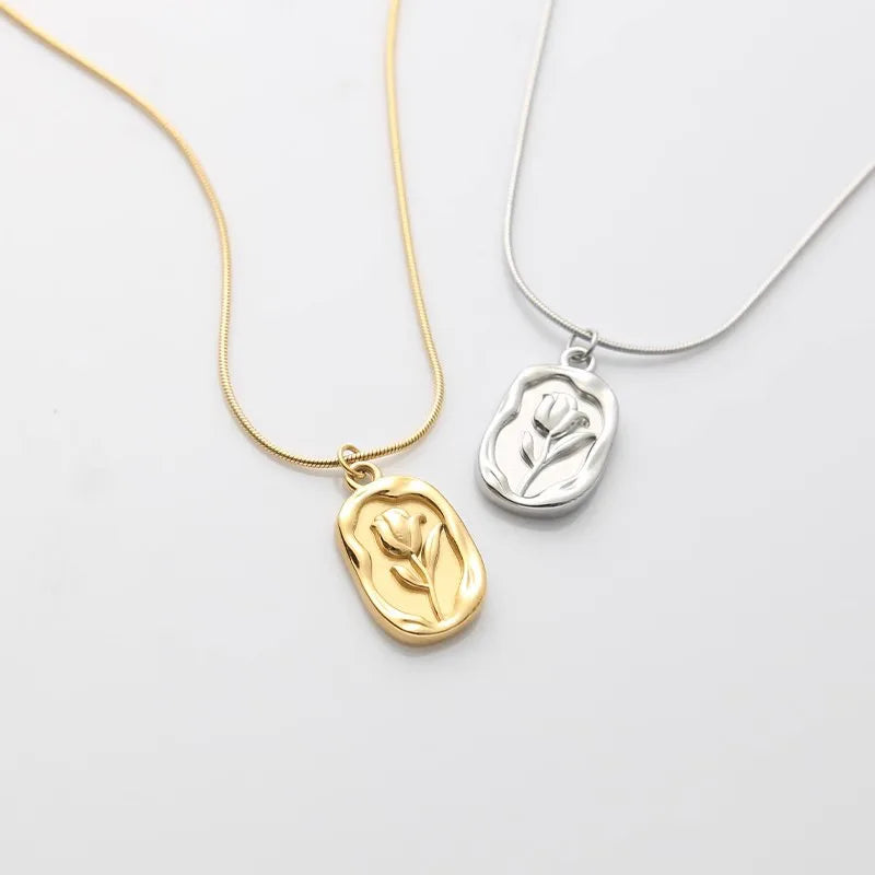Retro Tulip Pendant Necklace – Personalized Gold & Silver Stainless Steel Jewelry for Women